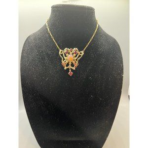 Vtg Faux Opal, Red Rhinestone Victorian Style Bib Necklace Ornate Romantic